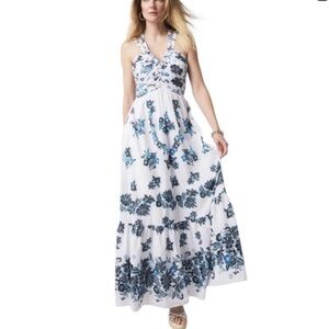 White House Black Market rain Floral Blue and White Maxi halter Dress Sz 0 New